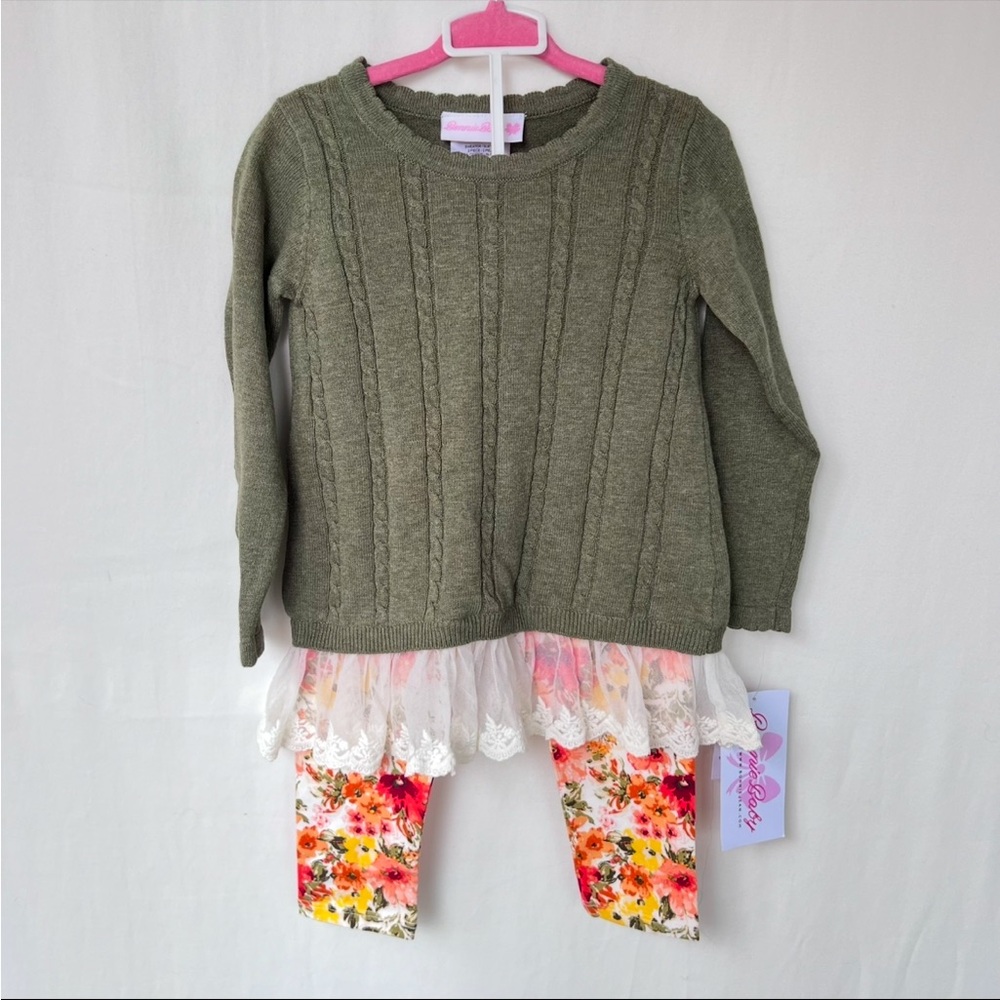NWT! Bonnie Jean Green Sweater & Floral Legging Set for Toddler Girl, Size 24 Mo